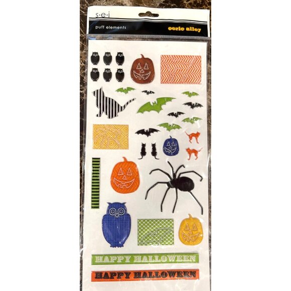 SEI Halloween Puff Sticker Set eerie alley 8-2644 OWL PUMPKIN SPIDER BAT CAT - Picture 1 of 2